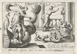 Jonge Hercules wurgt twee szleng Herkules megöl két kígyót a bölcsőjükben (cím a tárgyon) Herculische téma (sorozat címe) Hercules (sorozat címe az objektumon) alkotó: Simon Frisius