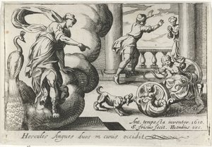 Jonge Hercules wurgt twee szleng Herkules megöl két kígyót a bölcsőjükben (cím a tárgyon) Herculische téma (sorozat címe) alkotó: Simon Frisius