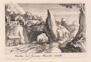 Sziklahíd alatt sétáló alakok párja, a Topographia Variarum Regionumból alkotó: Simon Frisius
