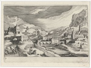 Városkép a folyó völgyében Dél-európai tájak (sorozat címe) Topographia variarum regionum (sorozat címe) alkotó: Simon Frisius