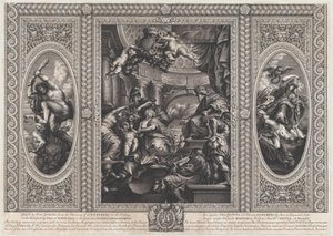 Egy allegorikus jelenet, amely Jakab uralkodásának előnyeit mutatja be a középpontban, a bölcs kormány csavargója..., 1720.