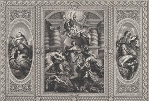 I. Jakab Károlyt nevezi ki skót királynak a középpontban, Minervát pedig a Tudatlanság lándzsájával ri..., 1720.