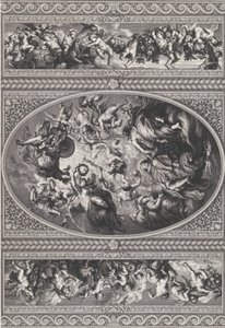 I. Jakab apoteózisa oválisan középen, frízek puttival és füzérekkel..., 1720.