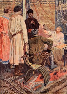 Oroszlánszívű Richárd felemelkedett az ágyában, és a kezébe vett egy csészét, amelyet Sir Walter Scott „A talizmán: A keresztes lovagok története” című művéhez illusztrál.