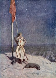 A lovag virraszt a Szent György-hegyen Anglia zászlójával, illusztrációja Sir Walter Scott „A talizmán: A keresztes lovagok története” című művéből