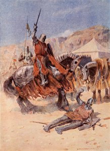 A lovagok konfliktusban találkoznak, illusztrációja Sir Walter Scott „A talizmán: A keresztes lovagok meséjéből”