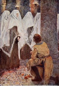 A skót lovag féltérdre ereszkedve figyelte, ahogy a fátyolos apácák elsétálnak mellette, a "Talizmánt" illusztrálva: A Talealisalis: Sir Walter Scott: A keresztes lovagok története.