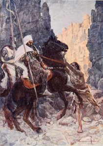 Sir Kenneth skót lovag a szaracénekkel, akit Hamako meglepett, miközben a Halál árnyékának völgyében lovagoltak, illusztrációja Sir Walter Scott „A talizmán: A keresztes lovagok meséje” című művéhez (színes litó)