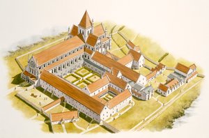 Byland apátság légifelvétele (akvarell, papír)