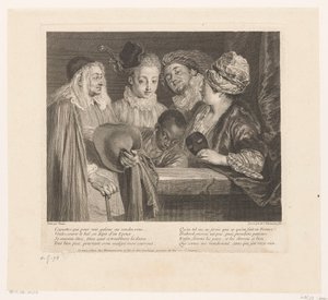 Gezelschap van vijf actors bij een parapet A kacérok Antoine Watteau munkája (sorozat címe) Antoine Watteau, a Királyi Festészeti és Szobrászati ​​Akadémia királyfestőjének munkája (...) (sorozat címe) alkotó: Simon Henri Thomassin