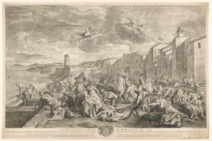 A bubópestis áldozatait leölték a marseille-i La Tourette-ben La Peste dans la ville de Marseille en 1720 (cím a tárgyon) alkotó: Simon Henri Thomassin