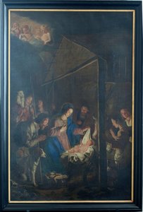 Plébániatemplom (Miasszonyunk Mennybemenetele templom). Belső. Festmény. karácsonyi jelenet. Simon DePepe. Származási apátság Ename (?).