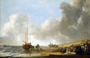 Jelenet a scheveningeni strandon (Hága, Hollandia), balra a tenger, jobbra a homokdűnék, középen egy halászhajó a hajógerincen, és egy csapat halász.