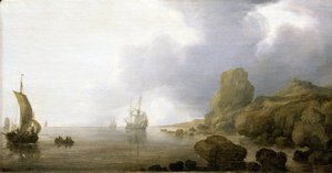 Csónakok egy sziklás öböl sekély vizében, romantikus és idealizált látomás. Olaj, fa, Simon de Vlieger (1600-1653) alkotása.