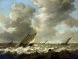 Halászhajók a háborgó tengeren, az égbolton a holland partok láthatók. Olaj, fa alkotó: Simon Jacobsz. Vlieger