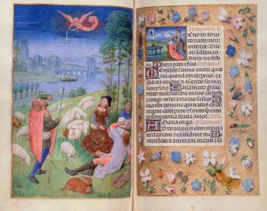Add hozzá a 38126 fol.79v-80 Angyali üdvözlet a pásztoroknak a Huth Hours-ból