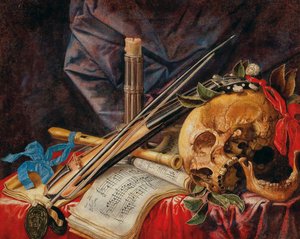 Vanitas csendélet brácsával, klarinéttal, koponyával, kottákkal és gyertyával.