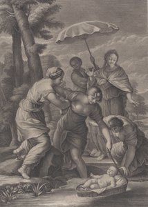 Három nő húzza be a kosarat a csecsemő Mózessel a vízből, kb. 1729. alkotó: Simon Vallee