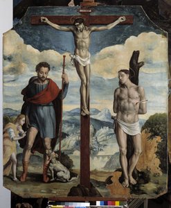 Keresztre feszítés Szent Rókussal és Szent Sebestyénnel (olaj, fa) alkotó: Simon de Châlons