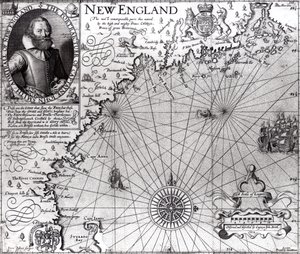 New England partvidékének térképe, amelyet John Smith kapitány (1580-1631) figyelt meg és írt le 1614-ben, a General Historie-ból, 1624