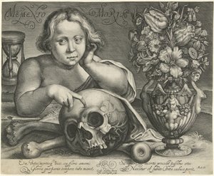 Gyermek koponyával (Vanitas) Memento Mori (cím a tárgyon)