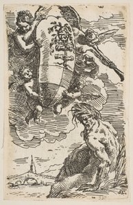 A Foglia folyó allegóriája Pesaros város címerével, előlappal ..., kb. 1639. alkotó: Simone Cantarini