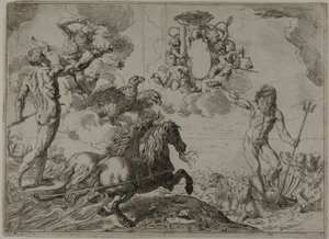 A Jupiter, a Neptunusz és a Plútó felajánlja koronáját Borghese bíboros karjainak alkotó: Simone Cantarini