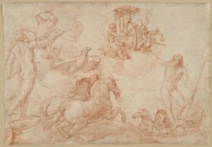 Jupiter, Neptunusz és Plútó tiszteleg Borghese bíboros címere előtt alkotó: Simone Cantarini