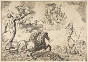 A Jupiter, a Neptunusz és a Plútó felajánlja koronáját Borghese bíboros karjainak, 1642-43. alkotó: Simone Cantarini