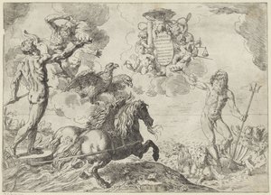 A Jupiter, a Neptunusz és a Plútó felajánlja koronáját Scipione Borghese bíboros címerének Tézis: Jupiter, Neptunusz és Plútó coronas suas offerunt armis (cím az objektumon)