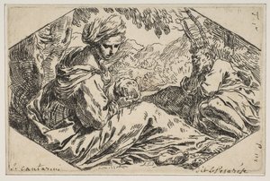 Nyugodj meg Egyiptomban, Mária kezében tartja és nézi a csecsemő Krisztust, miközben Szent József s..., kb. 1637-1639. alkotó: Simone Cantarini