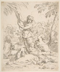 Nyugodj meg Egyiptomban, Mária szoptatja a csecsemő Krisztust, miközben egy angyal a fa ágait húzza, kb. 1639. alkotó: Simone Cantarini