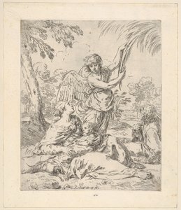 Nyugodj meg Egyiptomban, Mária ápolja a csecsemő Krisztust, miközben egy angyal a fa ágát húzza..., kb.1630-1648. alkotó: Simone Cantarini