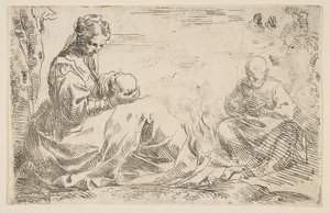 Pihenj az Egyiptomba tartó járaton, Mária a csecsemő Krisztust tartja és nézi, miközben Szent..., kb. 1637. alkotó: Simone Cantarini