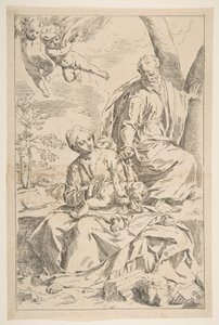 Pihenj az Egyiptomba tartó járaton, Mária a kisded Krisztust fogja, míg Szent József a..., kb. 1639. alkotó: Simone Cantarini