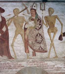 A püspök és a halál, részlet a Haláltánc című filmből alkotó: Simone II Baschenis