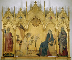 Angyali üdvözlet (Szent Judittal és Szent Ansanoval) - Tempera fán alkotó: Simone Martini