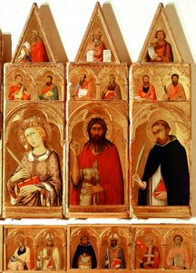 Alexandriai Szent Katalin, Keresztelő Szent János, Veronai Szent Péter. Részlet Alexandriai Szent Katalin poliptichonról (tempera és arany fán alkotó: Simone Martini