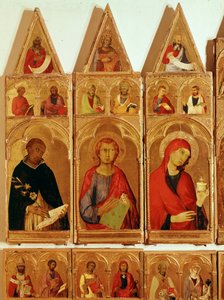 Szent Domonkos, Szent János evangélista, Szent Mária Magdolna. Részlet Alexandriai Szent Katalin poliptichonról (tempera és arany fán alkotó: Simone Martini