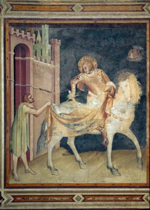 Szent Márton megosztja a kabátját egy koldussal. Simone Martini (1282-1344) freskója. 1315. Assisi Szent Ferenc alsó-bazilika, Szent Márton-kápolna. Ülj le.