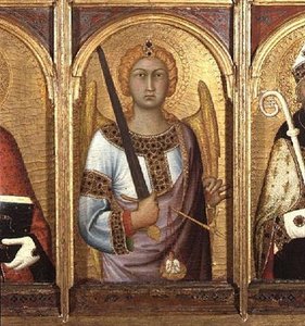 Szent Mihály, részlet SS Geminianus, Mihály és Augustinus oltárképéről, 1319 körül (tempera arany és ezüst táblával) (58835 részlet) alkotó: Simone Martini