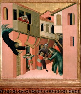 Agostino Novello olasz szerzetes azt mondja, hogy Panormitano és négy csodájának ábrázolása az erkélyről lezuhanó gyerek - tempera a panelen alkotó: Simone Martini