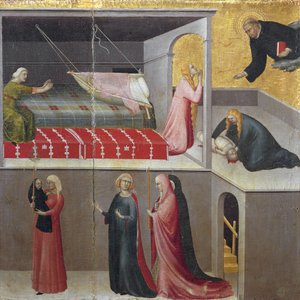 A gyermek csodája kiesik a bölcsőjéből: a három nő beszélget a jelenet alján. Része a Szent Ágoston Remete története című triptichonnak (Tempera fán