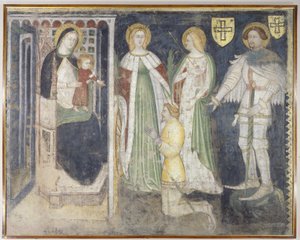 Madonna és gyermek Szent Katalinnal, Szent Orsolával, Szent György és a patrónus, Churi Theodorik alkotó: Simone da Corbetta