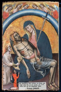 Siralom a halott Krisztus felett a klienssel, Iohannes de Elthinl, Simone dei Crocifissi c. 1368. A Szűz Fájdalmas Szűzanyaként ábrázolják, szívében karddal.