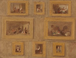 Az egyetlen gyermek; A zsidó hárfa; A vágott ujj; Szembekötősdi; A bérleti nap; A Scotch Piper; A Prieu-Dieu; és Önarckép: A nyolc festmény vázlata bekeretezve és falon lógva