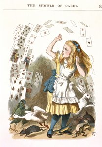 A kártyazápor. Illusztráció: Alice Csodaországban, L. Carroll, 1890 alkotó: Sir John Tenniel