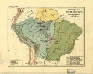 Az íj- és nyílvesszőtípusok elterjedési területei Közép-Brazíliában. LOC 2003627075 alkotó: Smithsonian Institution