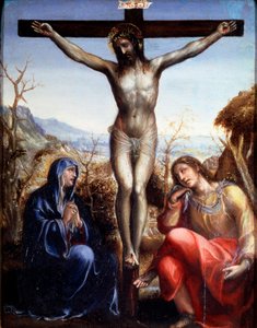 A keresztre feszítés a Szűzanyával és Keresztelő Jánossal, 1540.