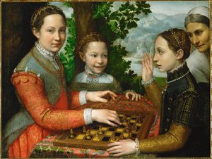 Egy sakkjátszma, amelyben a festő három nővére és egy szolga vesz részt. alkotó: Sofonisba Anguissola